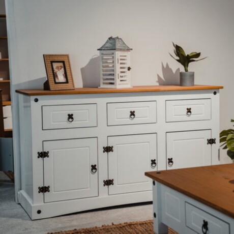 APARADOR BUFFET DE 3 PUERTAS 3 CAJONES MADERA MACIZA LÍNEA MEXICANA BLANCO