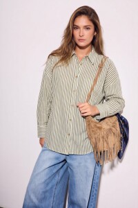 Camisa Rayada Con Lino Oliva