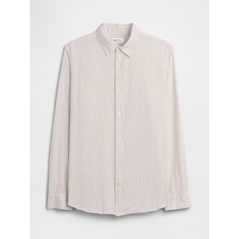 V-LS STANDARD LINEN COTTON WHITE KHAKI STRIPE