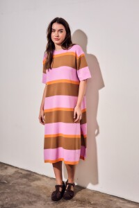 Vestido Tejido A Rayas Rosa