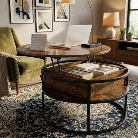 MESA DE LIVING CENTRO AUXILIAR ELEVABLE - TAPA CIRCULAR Color madera