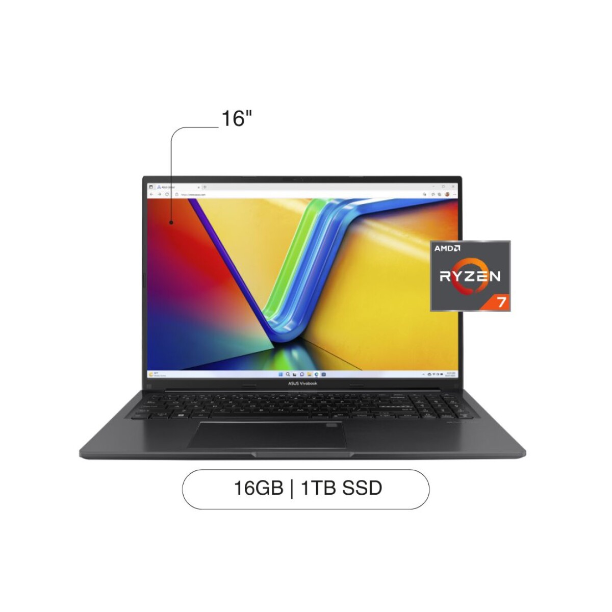 Notebook ASUS Vivobook 16' OLED 1TB SSD / 16GB RAM Ryzen 7 W11- Indie Black 
