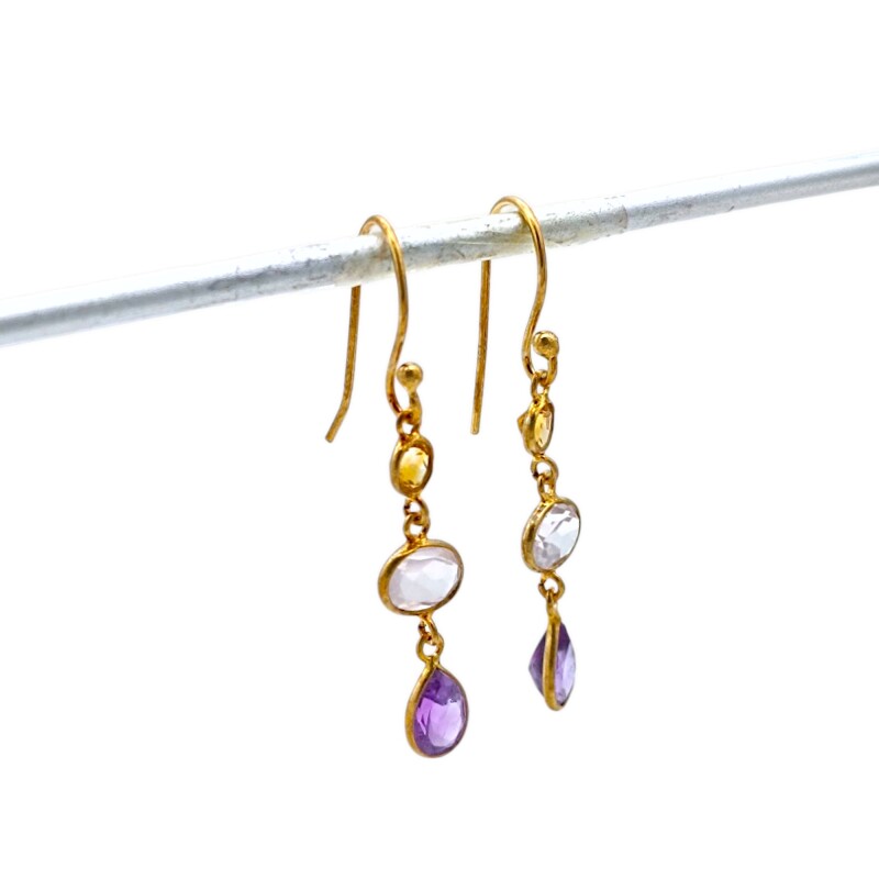 Caravanas Luisa - Plata rodinada con micra oro 18k-Piedra citrino, amatista, cuarzo rosa-CA2010 conpiedra