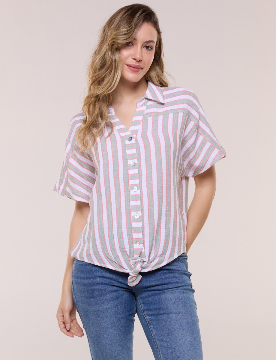 Camisa Con Nudo Frontal Y Manga Corta - Multi/verde 