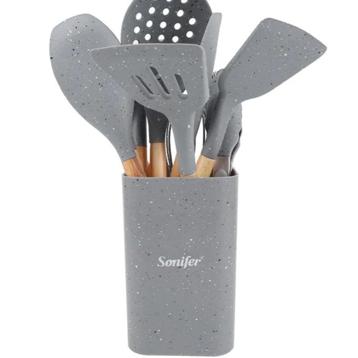 Set Utensilios Cocina Sonifer Silicona Mango Madera 9 Piezas - Gris 