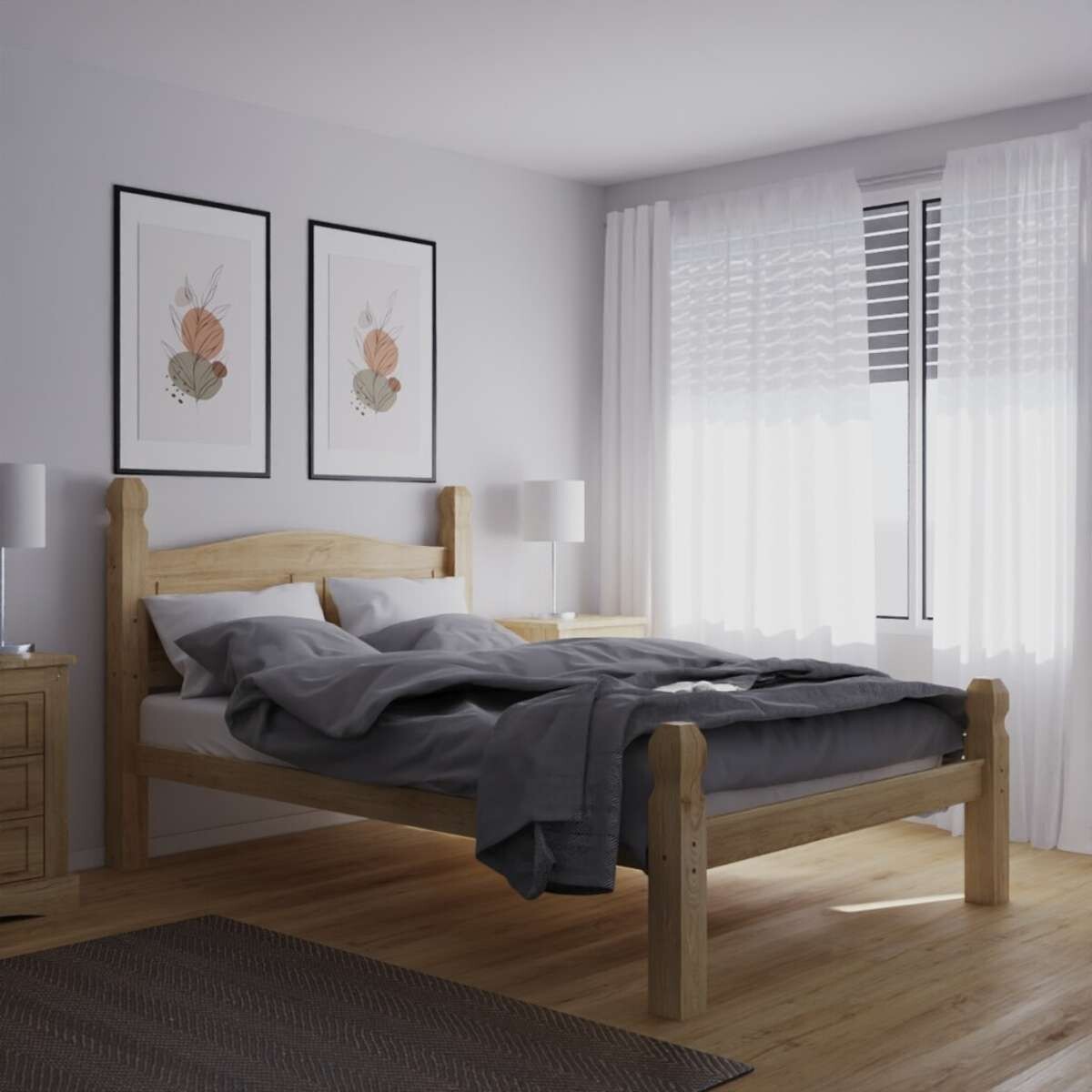 Cama 2 Plazas Madera Maciza Linea Mexicana - Natural 