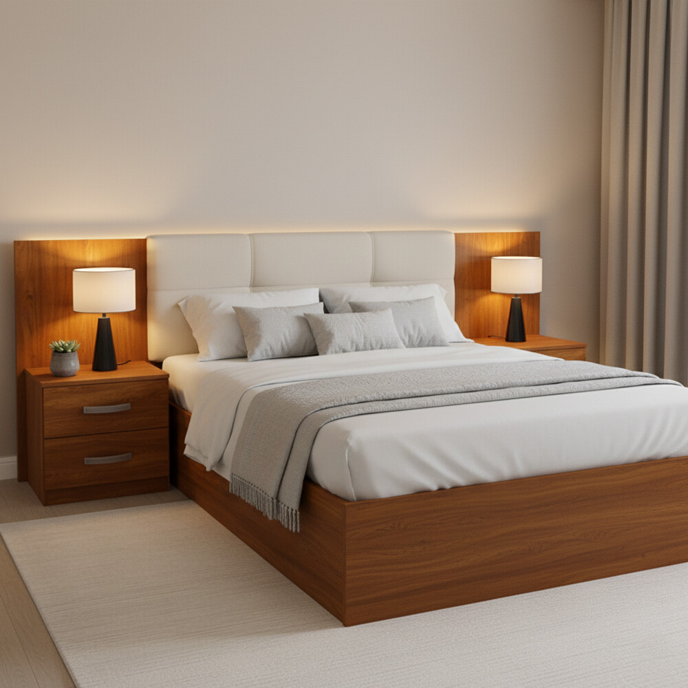 RESPALDO CABECERA CON 2 MESAS DE LUZ DE 2 CAJONES COLOR MADERA