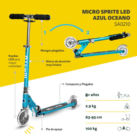 Monopatín Micro Sprite Plegable LED Ajustable con 2 Ruedas CELESTE
