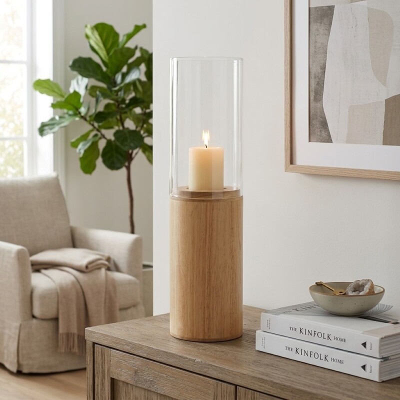 PORTA VELA VIDRIO C/BASE MADERA 14X55CM Unica