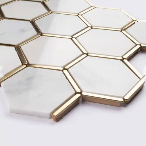 Mosaico Hexagonal Vidrio 28X41 Marmolado Con Bordes Dorados 000
