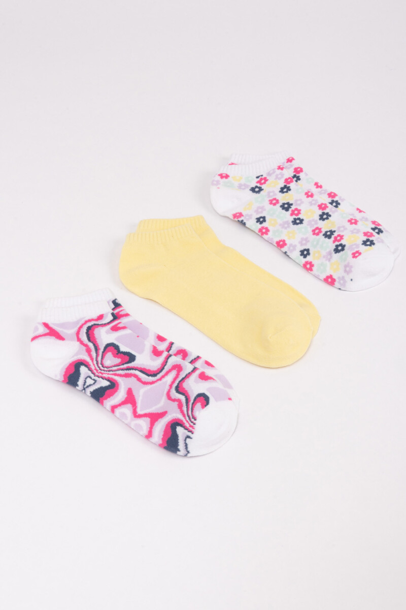 Medias soquete pack x 3 flores - - Fucsia 