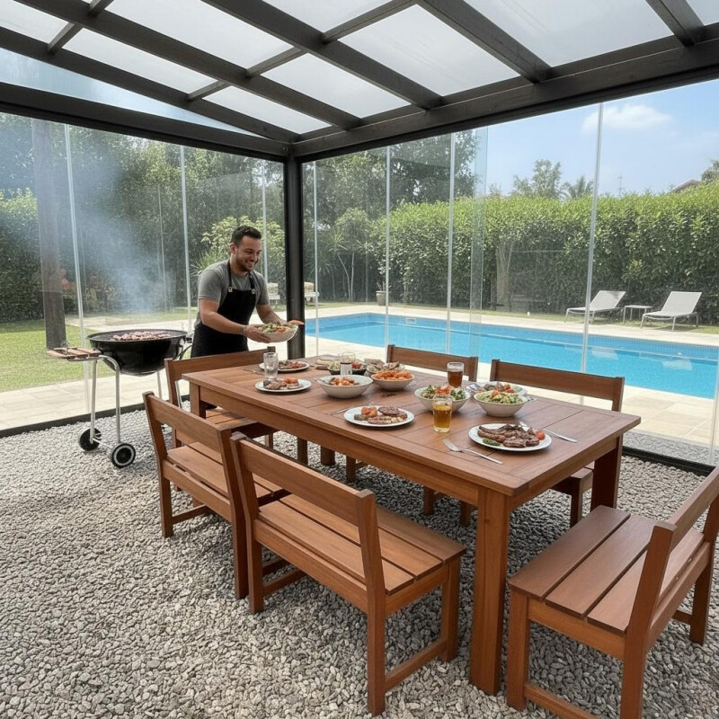 Juego Barbacoa Mesa de Eucaliptus + 6 Bancos con respaldo Juego Barbacoa Mesa de Eucaliptus + 6 Bancos con respaldo