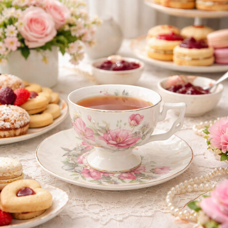 Juego de Té de Cerámica Floral 6 Tazas con Plato + Caja de Regalo Rosa