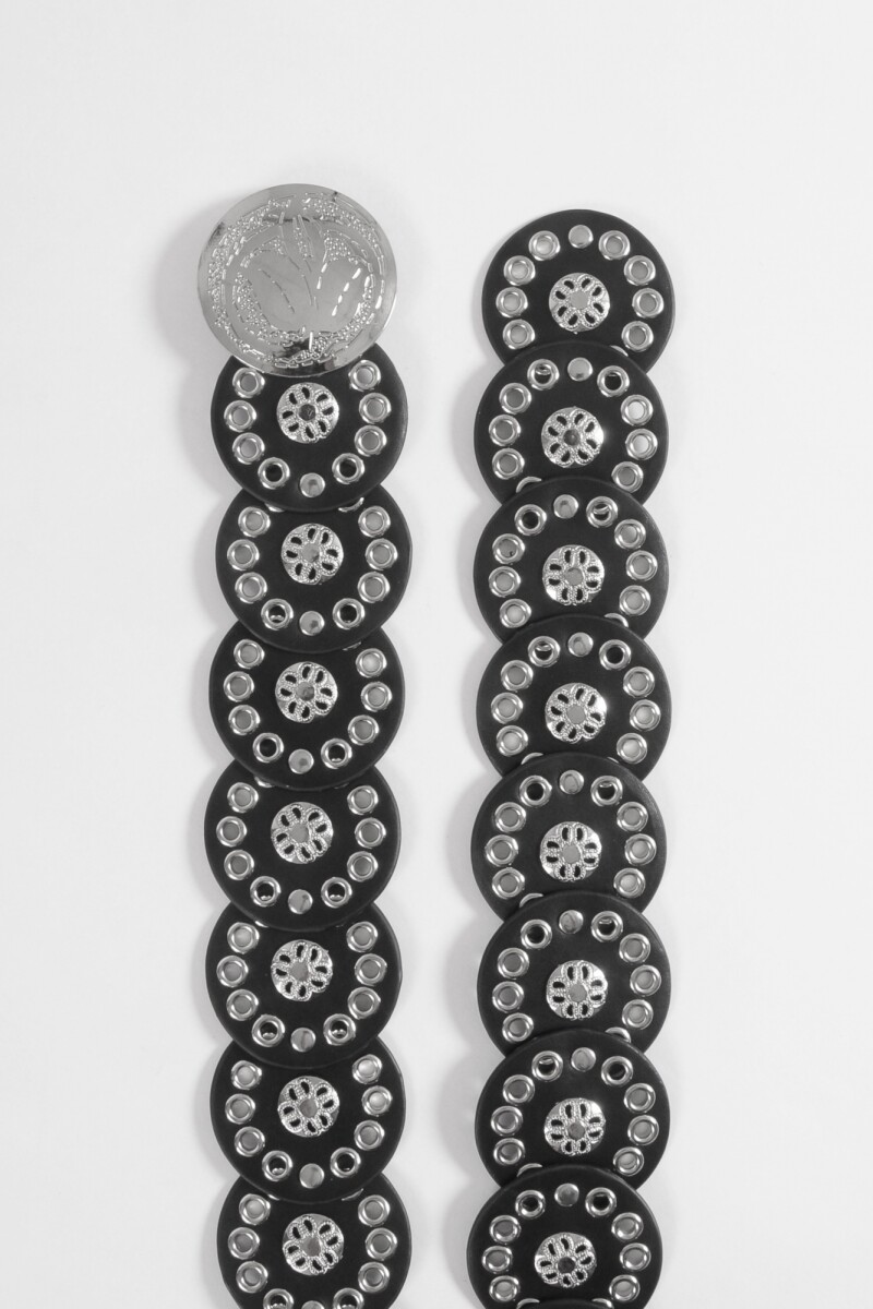 Cinturon diseño circular hebilla medalla negro