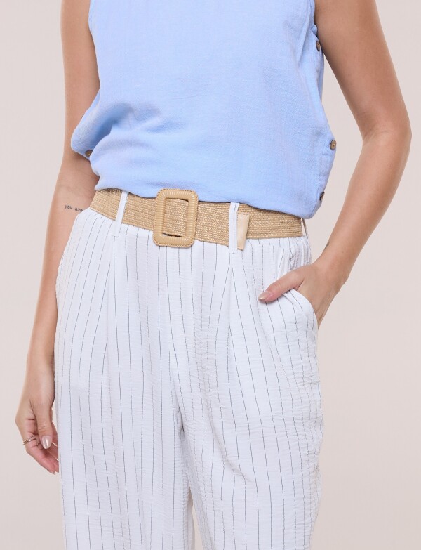 Pantalón Wide Leg Rayado Con Cinturón De Rafia BLANCO