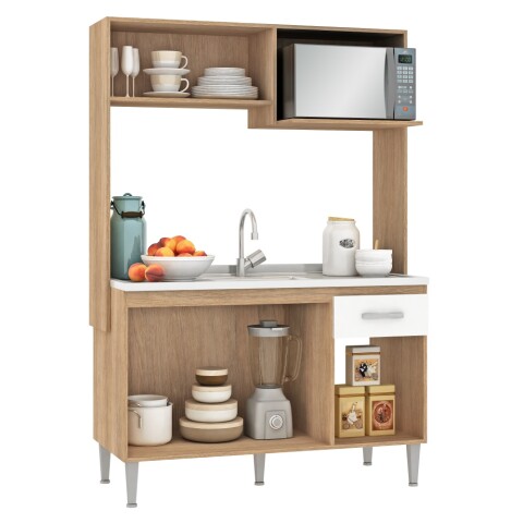 Kit de cocina compacta 4 puertas 1 cajón Patas Ajustables y Rieles Metálicos 122 x 52 x 187cm Carvale / Blanco