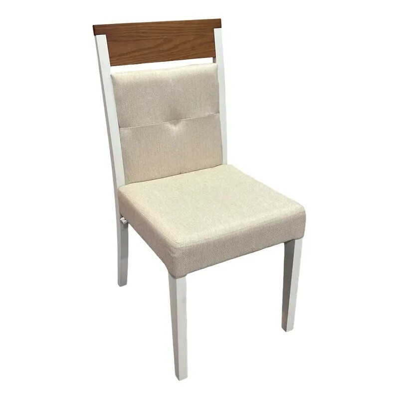 Silla tapizada en tela beige, patas en color blanco - PRODUCTO CON PEQUEÑOS DETALLES. Silla tapizada en tela beige, patas en color blanco - PRODUCTO CON PEQUEÑOS DETALLES.