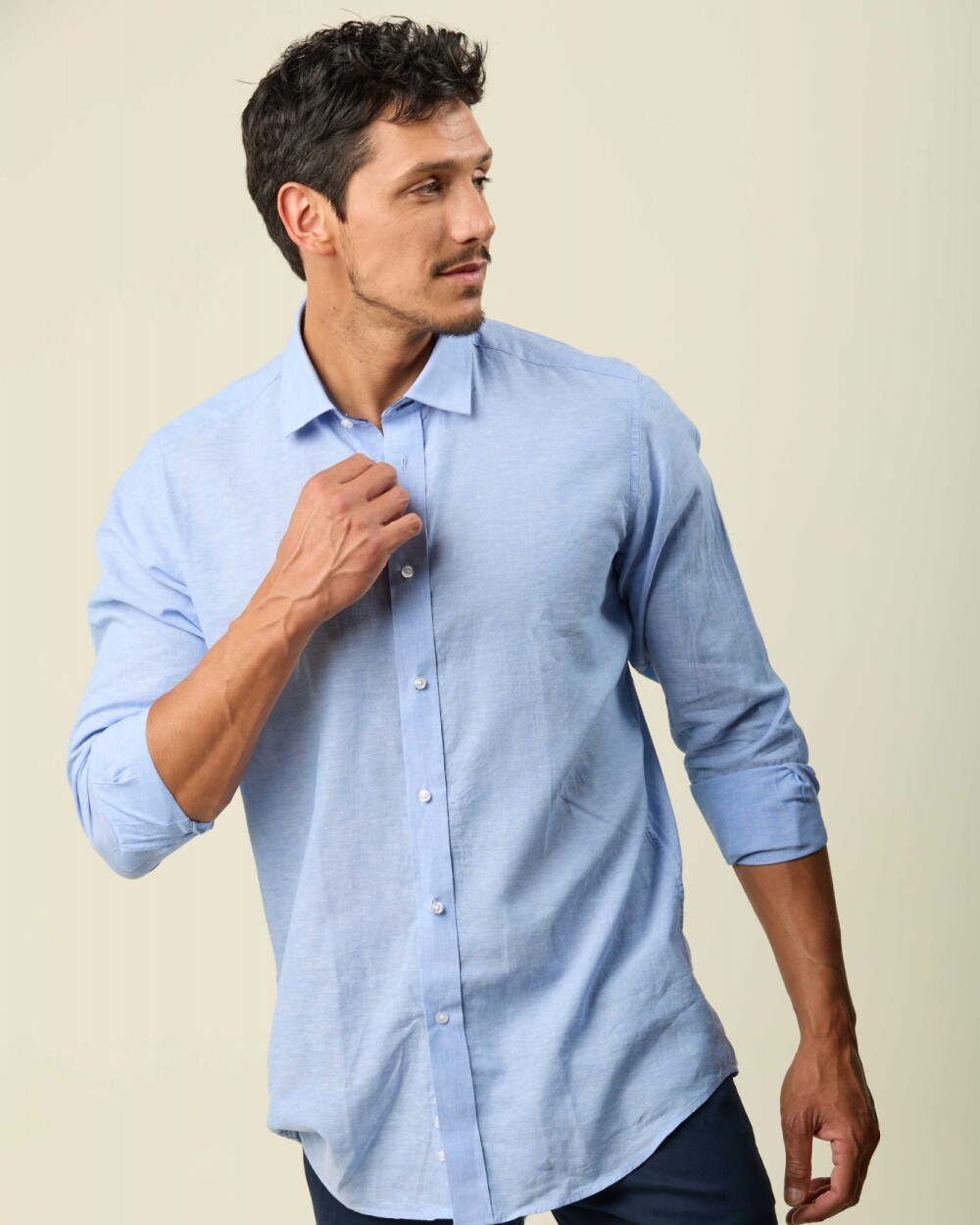 Camisa Lino Algodón Manga Larga Celeste