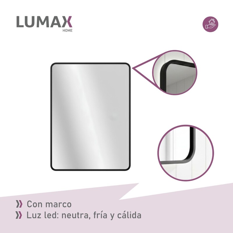 Espejo Vertical Lumax Suleban c/marco y luz 90x70cm Negro