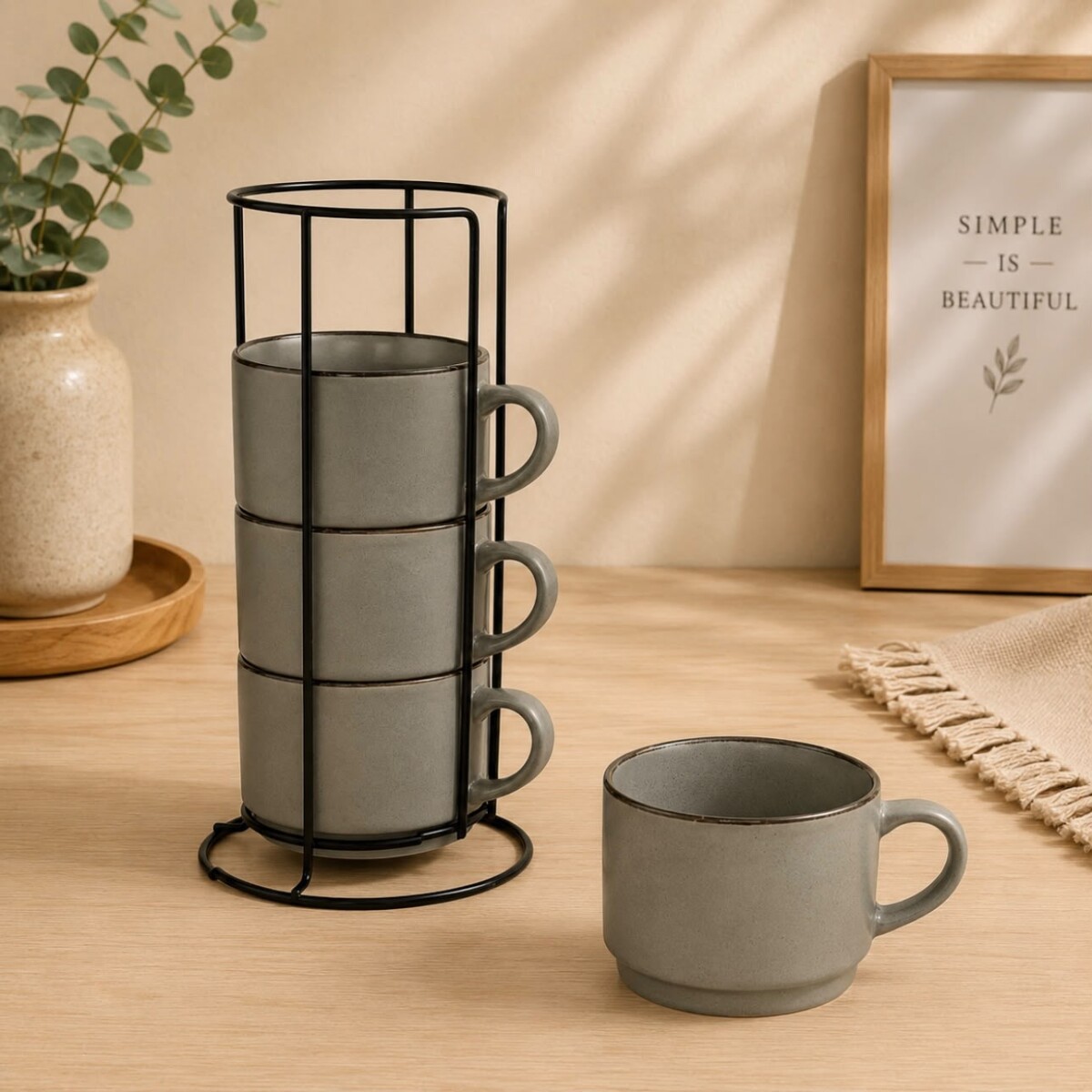 Juego de 4 Tazas de Cerámica con Soporte Metálico - 250 ml 