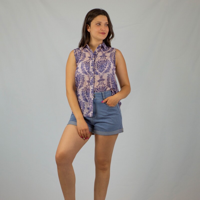 Camisa Sin Mangas Leaves Flower Blue