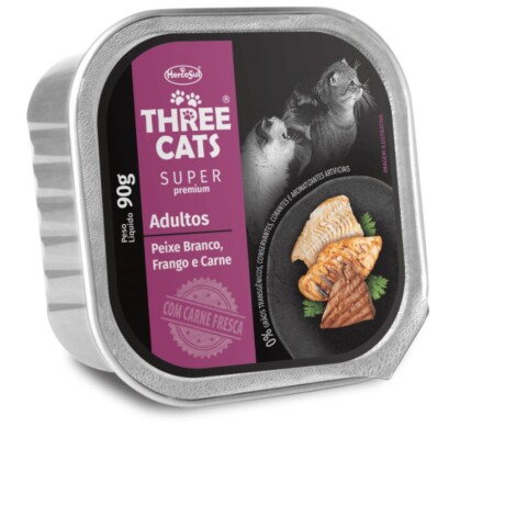 PATE THREE CATS ADULTO PESCADO POLLO Y CARNE 90GR Pate Three Cats Adulto Pescado Pollo Y Carne 90gr