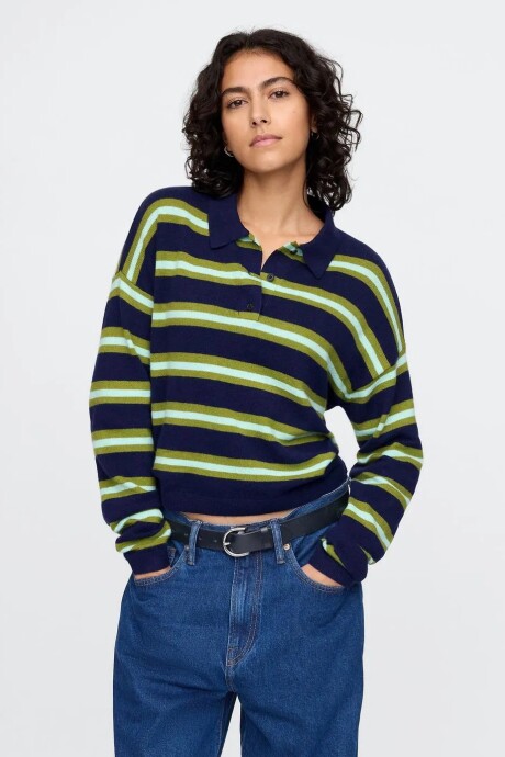 Buzo Tipo Polo Cashsoft Mujer Navy Green Stripe
