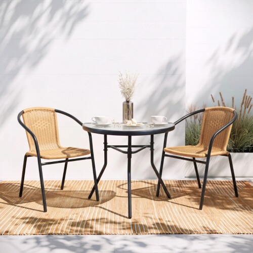 Set De Jardín Mesa De Vidrio + 2 Sillas Símil Rattan Beige