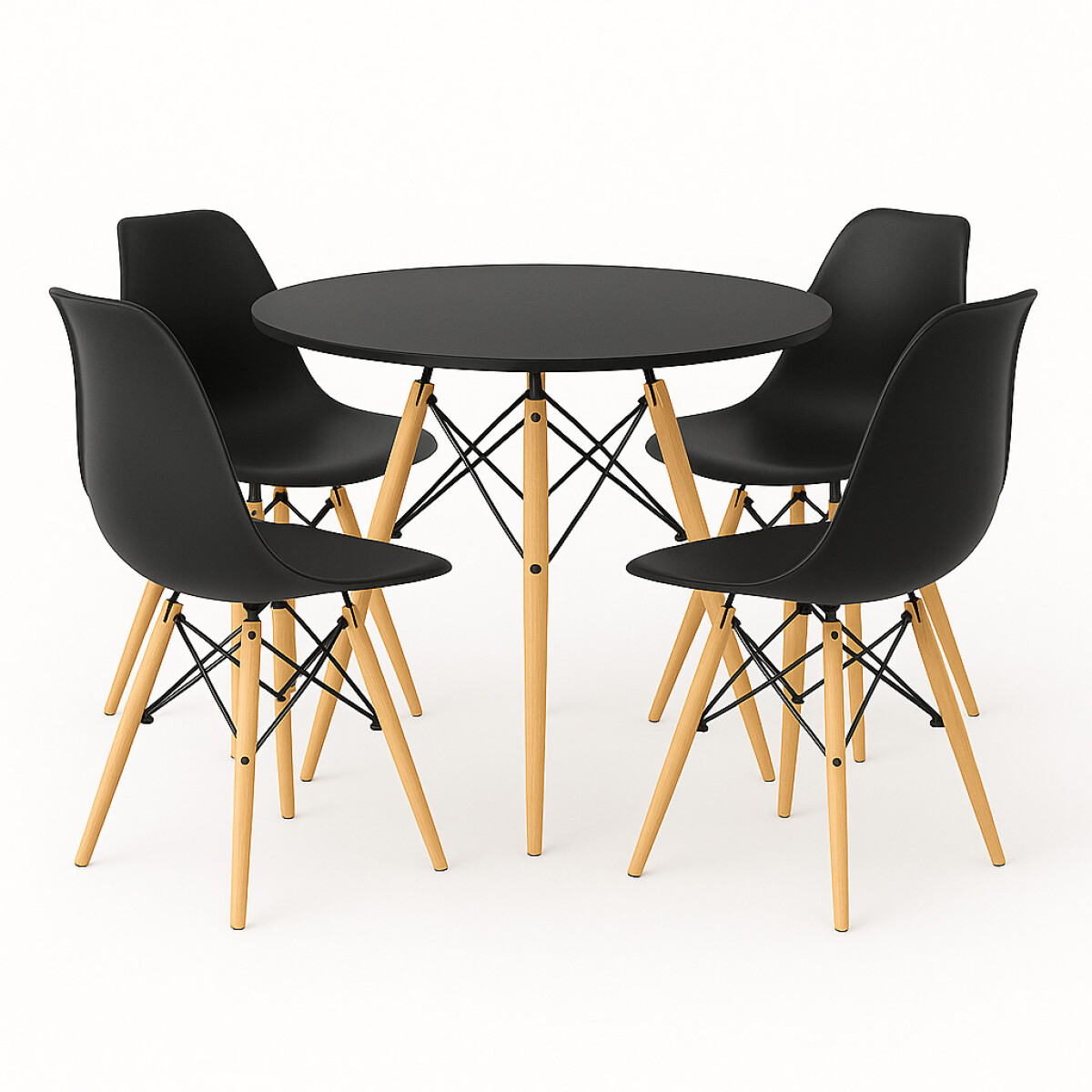 Juego de comedor Con Mesa Circular de 80cm + 4 Sillas Eames - Negro/Negro 