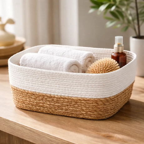 Cesto Canasto Fibra Natural Paramount Decoración 32x26x12Cm Blanco