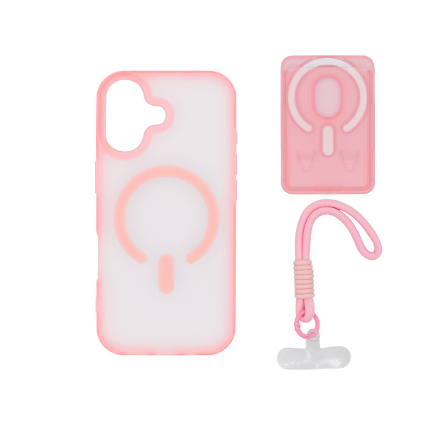 Protector para iPhone 16 correa + tarjetero color rosa Protector Para Iphone 16 Correa + Tarjetero Color Rosa