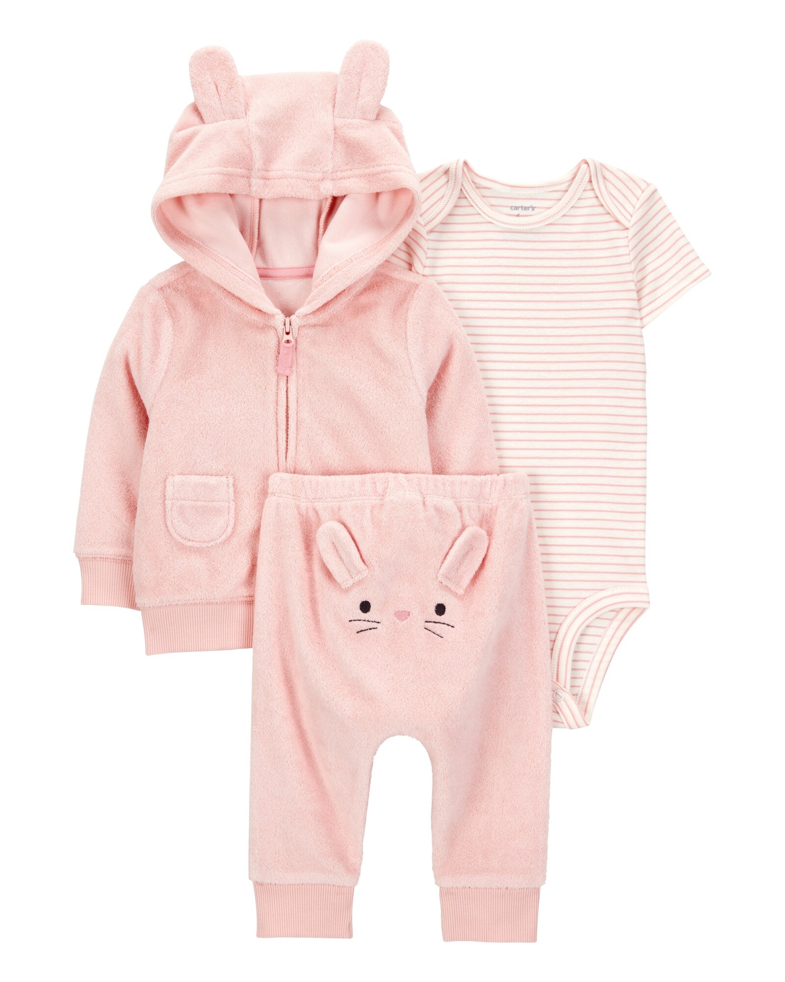 Set tres piezas de algodón, campera y pantalón de terry, más body, diseño conejita Sin color