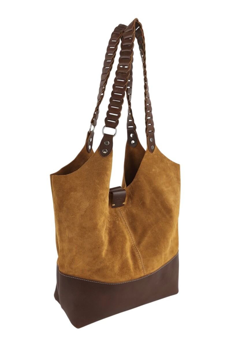 Tote bag de cuero con gamuza Tostado