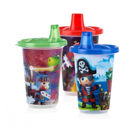 Set Nuby 3 Vasos Decorados con Pico Duro 300 ml AZUL-VERDE-ROJO