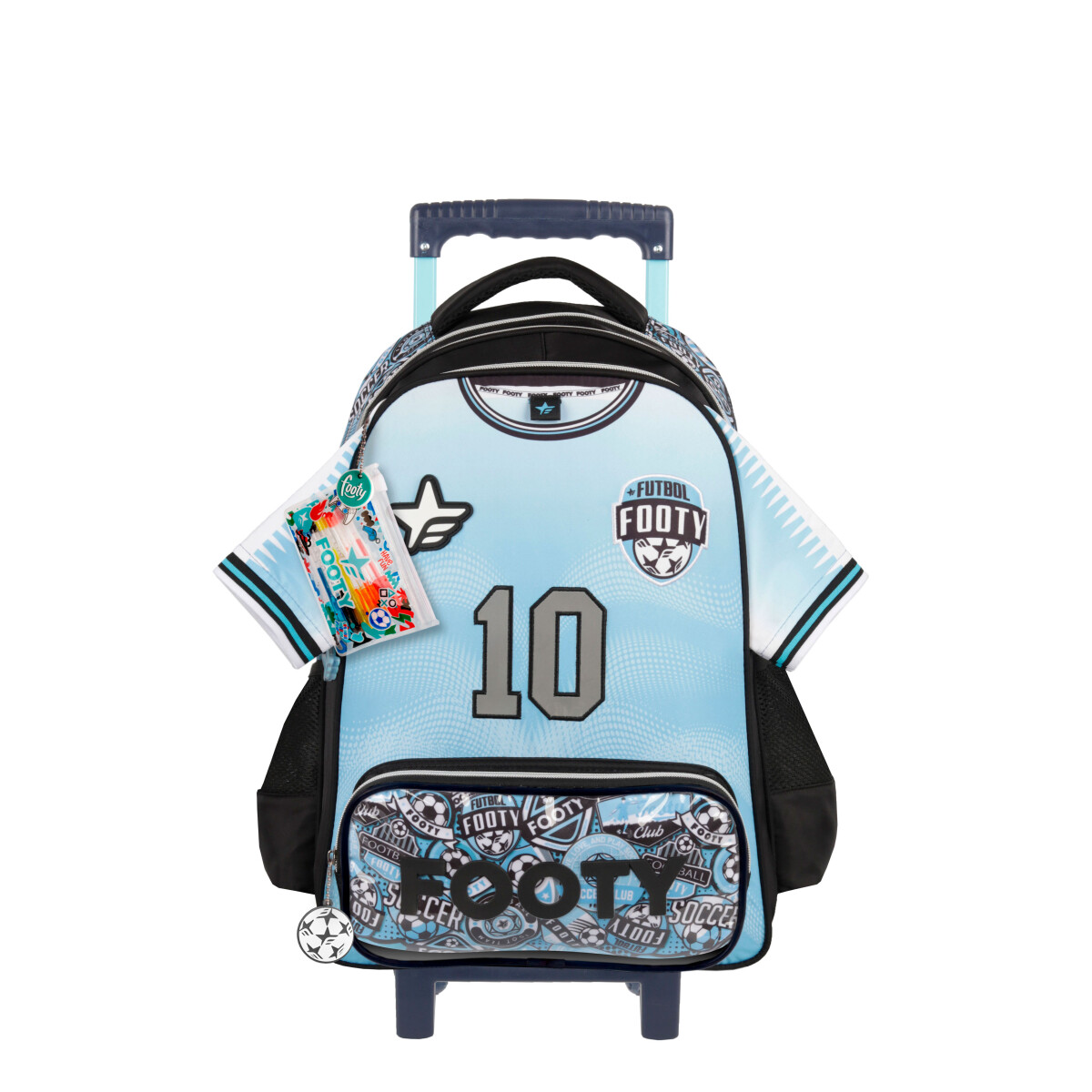 Mochila FOOTY Camiseta Futbol 18" Con Carro - Celeste - Negro 