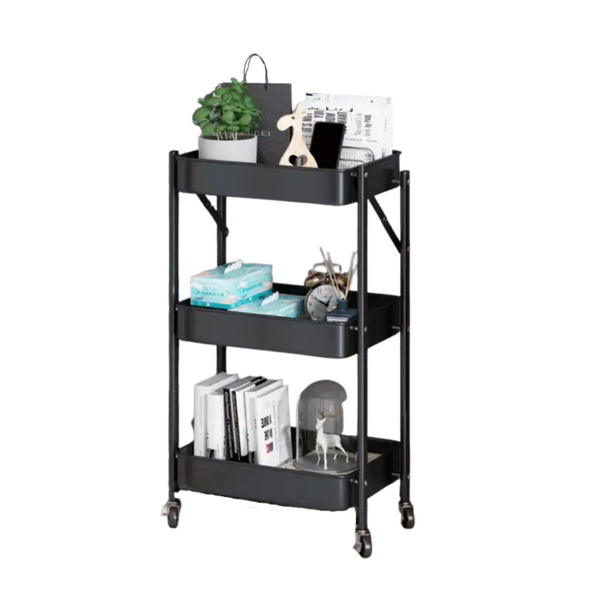 Carro Organizador de Metal Plegable Canasto con 3 Estantes y Ruedas Multiuso IMBACK Color Negro 