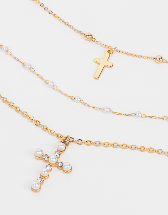 Collares Cortos Con cruz Collar De Triple Cadena Con Cruces - Dorado