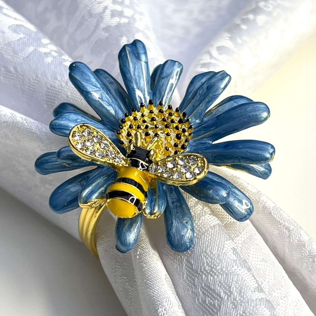 Anillo Servilletero Metálico Flor Azul Abeja 