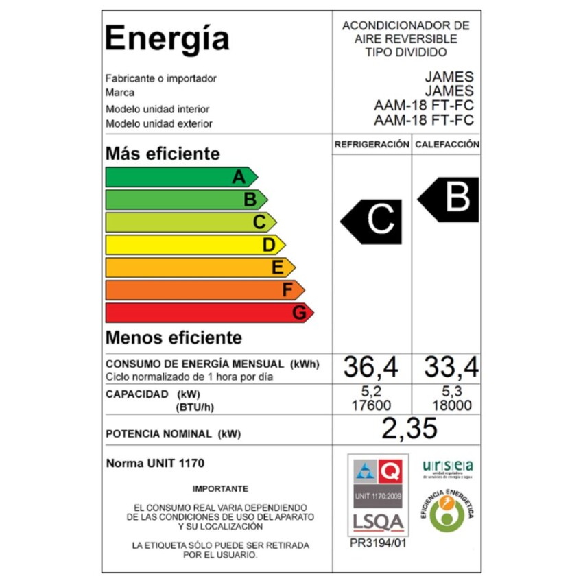 Aire Acondicionado James 18.000 BTU Aire Acondicionado James 18.000 BTU