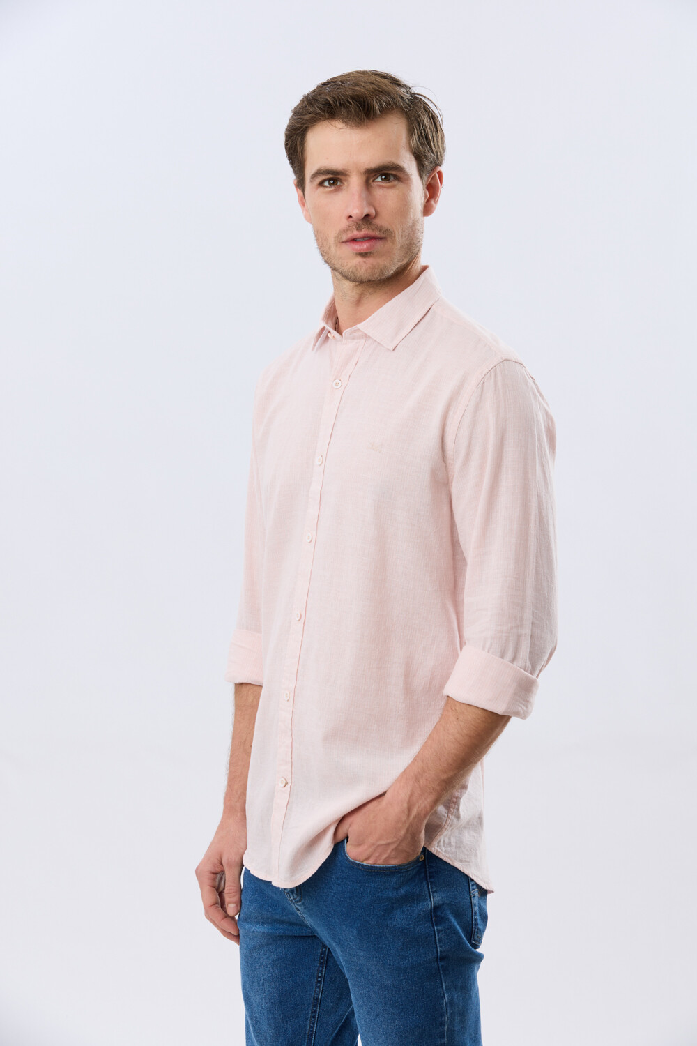 CAMISA DE LINO RAYADA Rosa