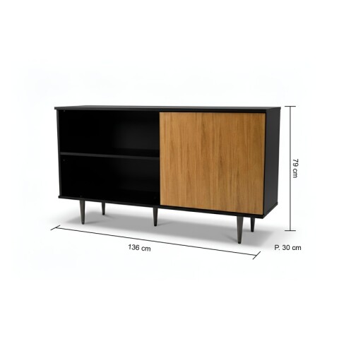Mueble Rack de Tv PADUA de Piso con Puerta y Estantes 136 cm de Ancho - Negro / Freijo Mueble Rack de Tv PADUA de Piso con Puerta y Estantes 136 cm de Ancho - Negro / Freijo