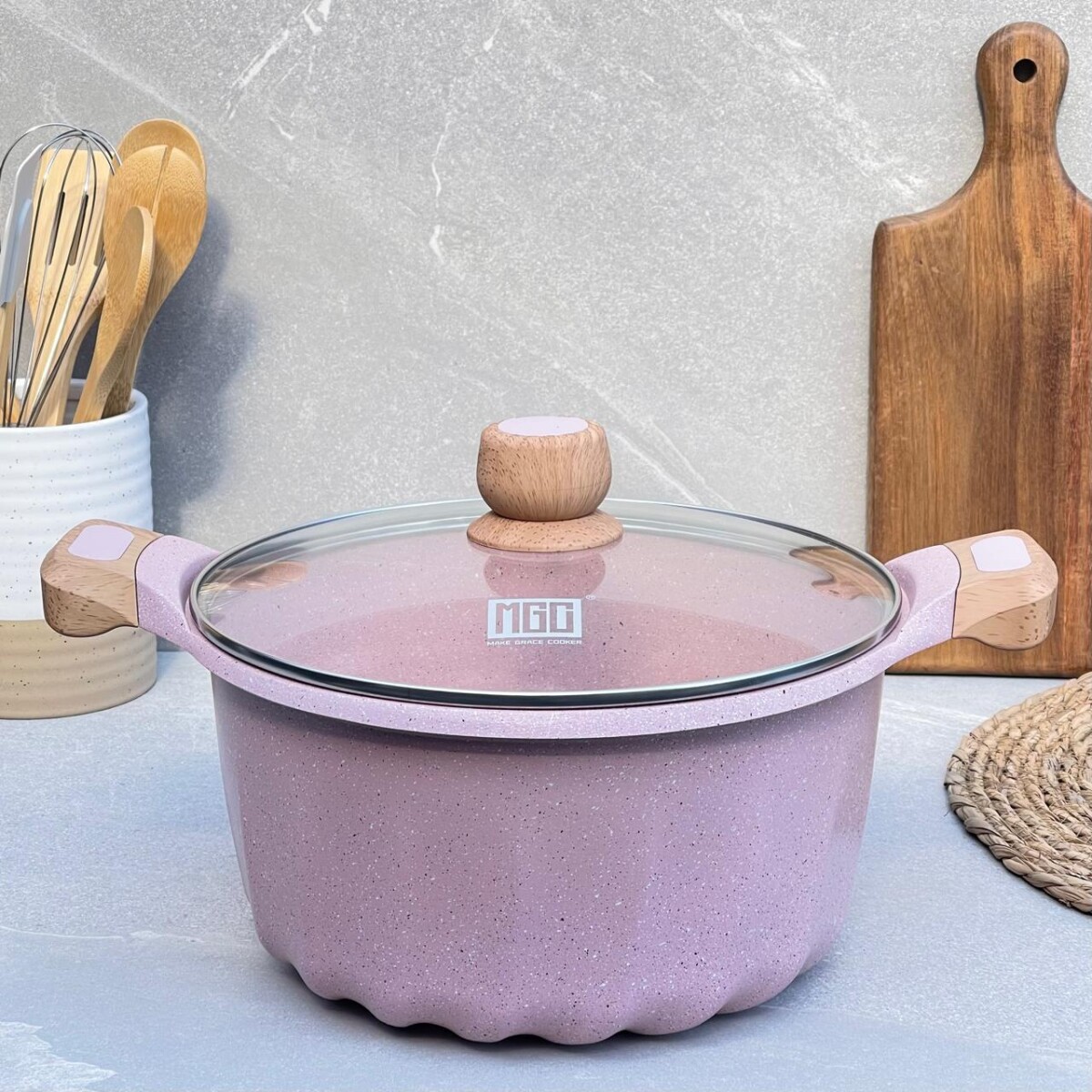 Olla Aluminio Fundido Presión Revestimiento Granito Tapa Vidrio 24cm 