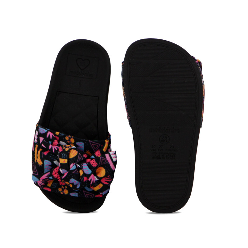 Molekinha Ojota Casual Tira Ancha C/ Moño Estampada Multicolor-negro