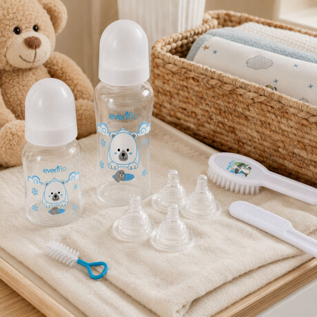 Set Evenflo 2 Mamaderas 120/240ml + Tetinas + Peine Cepillo Blanco