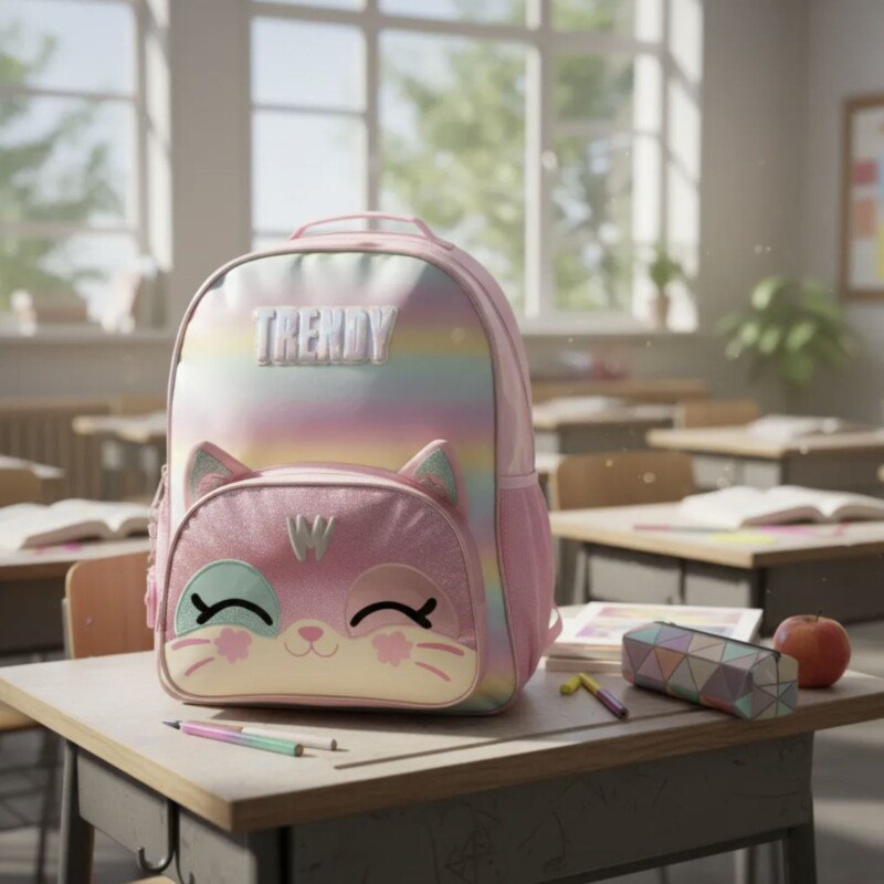 Mochila Escolar Trendy Gatito Para Niña Uso Diario Diseño Moderno Y Cómodo Rosado