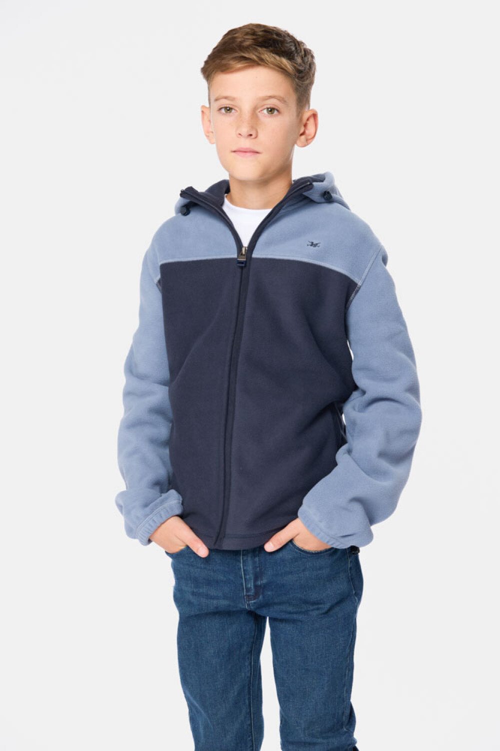 CAMPERA POLAR BICOLOR CON CAPUCHA Azul