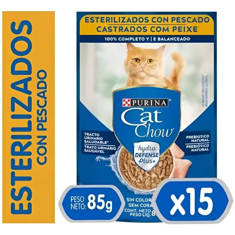 CAT CHOW EN SALSA CASTRADOS PESCADO 85 GRS CAJA X 15 UNIDADES