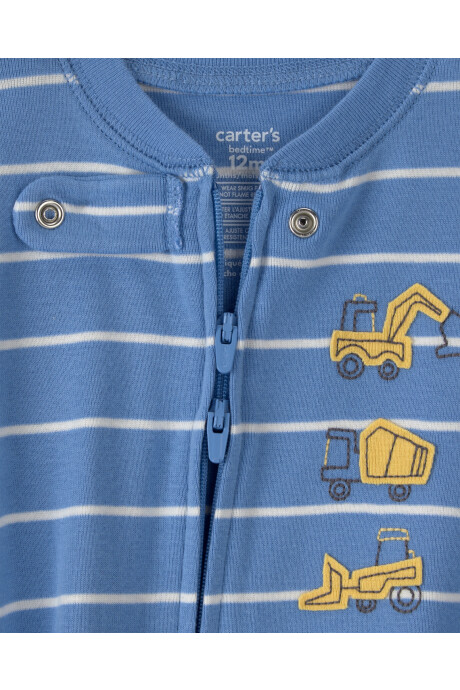 Pijama enterito de algodón con pie, azul, estampa camiones de construcción. Talles 12-24M Sin color