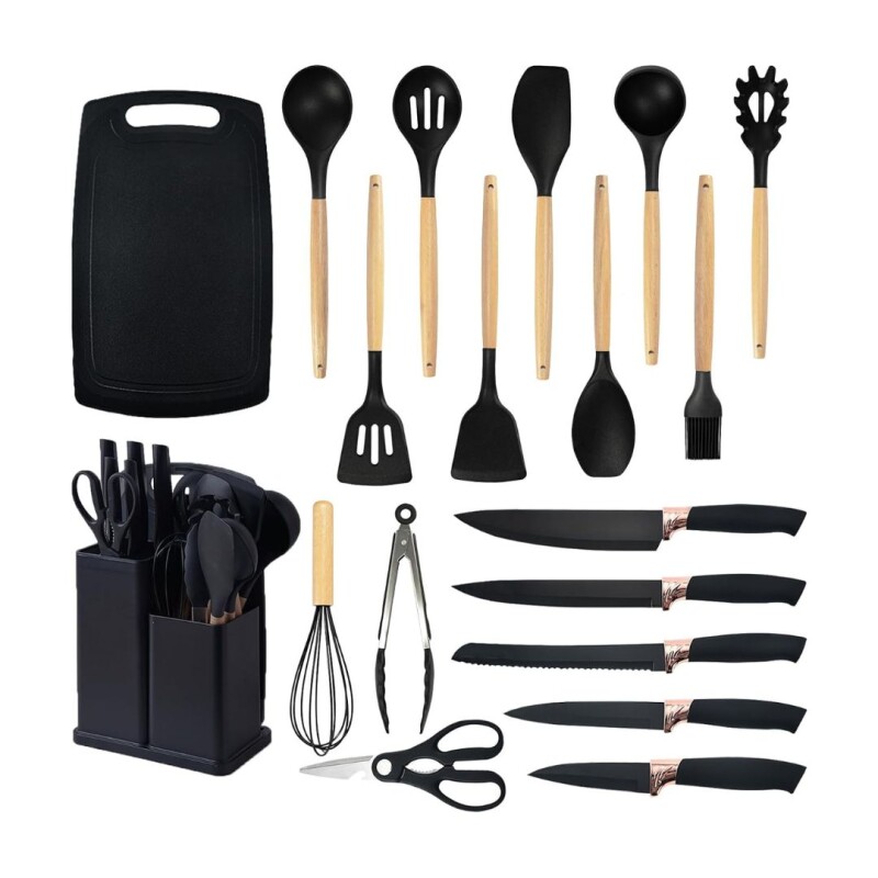 Utensilios Y Cuchillos Cocina Con Soporte Y Tabla Set 19pcs Color Negro Utensilios Y Cuchillos Cocina Con Soporte Y Tabla Set 19pcs Color Negro