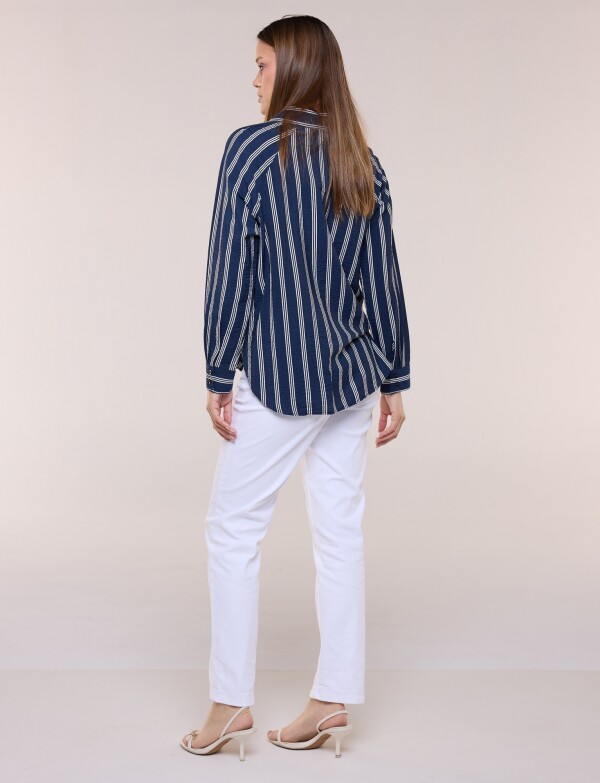 Camisa Rayada De Crepe Con Manga Raglán AZUL/BLANCO